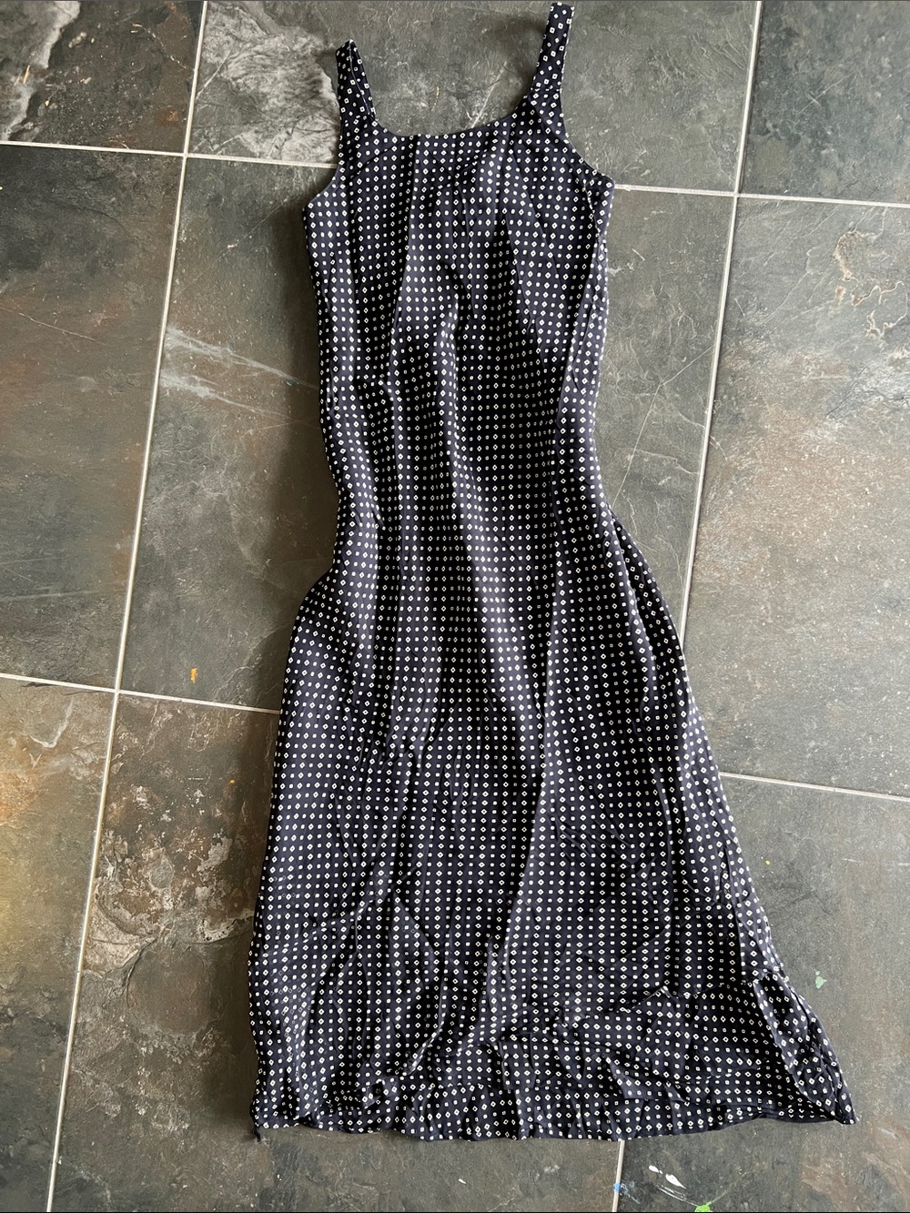 Petite Sophisticate navy and White geometric Polka Dot Midi Slip Dress